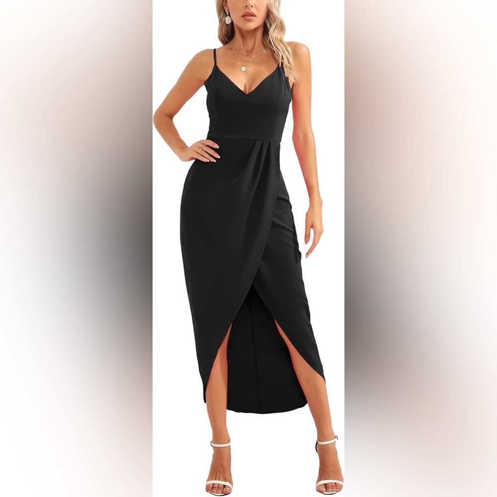 Elegant Express Black Satin Spaghetti Strap Dress
